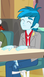 Size: 544x946 | Tagged: safe, screencap, equestria girls:equestria girls, g4, my little pony:equestria girls, background human, clothing, crimson napalm, cropped, eyes closed, helping twilight win the crown, male, offscreen character, pants, smiling, thunderbass