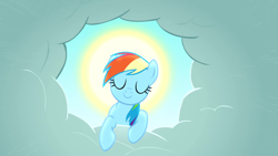 Size: 1920x1080 | Tagged: safe, screencap, character:rainbow dash, species:pegasus, species:pony, episode:the ticket master, g4, my little pony: friendship is magic, cloud, eyes closed, female, halo, mare, smiling, solo, sun, wallpaper