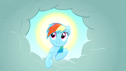 Size: 1920x1080 | Tagged: safe, screencap, character:rainbow dash, species:pegasus, species:pony, episode:the ticket master, g4, my little pony: friendship is magic, cloud, female, halo, mare, smiling, solo, sun, wallpaper