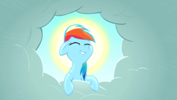Size: 1920x1080 | Tagged: safe, screencap, character:rainbow dash, species:pegasus, species:pony, episode:the ticket master, g4, my little pony: friendship is magic, cloud, cute, dashabetes, eyes closed, female, floppy ears, halo, mare, smiling, solo, sun, wallpaper