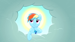 Size: 1920x1080 | Tagged: safe, screencap, character:rainbow dash, species:pegasus, species:pony, episode:the ticket master, g4, my little pony: friendship is magic, cloud, female, halo, hoof on chin, mare, smiling, solo, sun, thinking, wallpaper