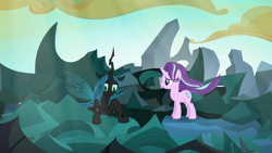 Size: 1280x720 | Tagged: safe, screencap, character:queen chrysalis, character:starlight glimmer, species:changeling, species:pony, species:unicorn, episode:to where and back again, g4, my little pony: friendship is magic, changeling hive, changeling queen, cloud, duo, female, mare, ruins, sunlight, windswept mane