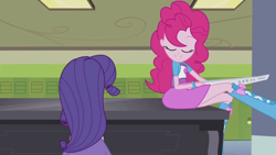 Size: 1280x720 | Tagged: safe, screencap, character:pinkie pie, character:rarity, episode:player piano, g4, my little pony:equestria girls, boots, clothing, eyes closed, keytar, legs, musical instrument, piano, pinkie being pinkie, pinkie on a piano, shoes, skirt