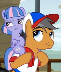 Size: 455x540 | Tagged: safe, screencap, character:quibble pants, character:wind sprint, species:earth pony, species:pegasus, species:pony, episode:common ground, g4, my little pony: friendship is magic, cap, clothing, cropped, duo, eyeroll, female, filly, foal, hat, male, piggyback ride, smiling, stallion, wind sprint is not amused, wings