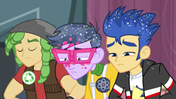 Size: 1280x720 | Tagged: safe, screencap, character:flash sentry, character:microchips, character:sandalwood, episode:a banner day, g4, my little pony:equestria girls, clothing, eyes closed, glasses, jacket, male, messy hair, trio