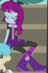 Size: 372x567 | Tagged: safe, screencap, character:bright idea, character:mystery mint, equestria girls:friendship games, g4, my little pony:equestria girls, background human, bleachers, boots, bracelet, bright idea, clothing, cropped, eyes closed, high heel boots, jewelry, offscreen character, scarf, shoes, sitting, solo