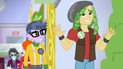 Size: 1280x720 | Tagged: safe, screencap, character:heath burns, character:microchips, character:neon lights, character:rising star, character:sandalwood, episode:a fine line, g4, my little pony:equestria girls, background human, canterlot mall, clothing, glasses, heath burns, male