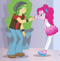 Size: 618x630 | Tagged: safe, screencap, character:pinkie pie, character:sandalwood, episode:a fine line, g4, my little pony:equestria girls, clothing, cropped, eyes closed, female, geode of sugar bombs, magical geodes, male, pants, pantyhose, sandals, shipping fuel, shoes, skirt, smiling