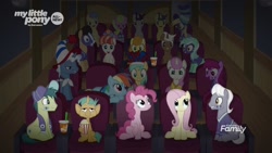 Size: 1920x1080 | Tagged: safe, screencap, character:berry punch, character:berryshine, character:carrot top, character:cherry cola, character:comet tail, character:daisy, character:derpy hooves, character:fluttershy, character:golden harvest, character:goldengrape, character:lyra heartstrings, character:mochaccino, character:pinkie pie, character:pokey pierce, character:rainbow dash, character:rainbow stars, character:rare find, character:royal riff, character:snails, character:sunshower raindrops, character:twinkleshine, character:written script, species:earth pony, species:pegasus, species:pony, species:unicorn, episode:common ground, g4, my little pony: friendship is magic, adaisable, adorableshine, background pony, berrybetes, clothing, colt, cute, cutie top, diasnails, discovery family logo, eating, female, foal, food, hat, irrational exuberance, jersey, lyrabetes, male, mare, popcorn, shyabetes, smiling, stallion, team spirit, theater, wall of tags
