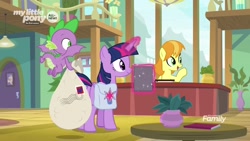 Size: 1920x1080 | Tagged: safe, screencap, character:spike, character:teddie safari, character:twilight sparkle, character:twilight sparkle (alicorn), species:alicorn, species:dragon, species:pony, episode:the point of no return, g4, my little pony: friendship is magic, bag, book, cute, saddle bag, winged spike
