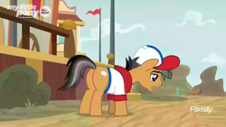Size: 604x340 | Tagged: safe, screencap, character:quibble pants, species:earth pony, species:pony, episode:common ground, g4, my little pony: friendship is magic, baseball cap, cap, clothing, dejected, hat, male, plot, shirt, solo, stallion, thicc ass