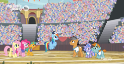 Size: 1136x588 | Tagged: safe, screencap, character:fluttershy, character:pinkie pie, character:quibble pants, character:rainbow dash, character:snails, character:snips, character:wind sprint, species:earth pony, species:pegasus, species:pony, species:unicorn, episode:common ground, g4, my little pony: friendship is magic, buckball uniform, clothing, colt, discovery family logo, female, filly, foal, jersey, male, mare, stadium, stallion, team ponyville