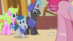 Size: 1920x1080 | Tagged: safe, screencap, character:daisy, character:dark moon, character:graphite, character:little league, species:earth pony, species:pony, species:unicorn, episode:common ground, g4, my little pony: friendship is magic, baseball cap, buckball museum, cap, clothing, colt, credits, discovery family logo, eye black (makeup), face paint, fangasm, female, foal, hat, jersey, male, mare, scarf, shirt, stallion
