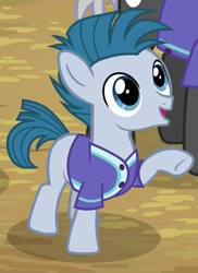 Size: 768x1054 | Tagged: safe, screencap, character:dark moon, character:graphite, character:little league, species:earth pony, species:pony, episode:common ground, g4, my little pony: friendship is magic, clothing, colt, cropped, cute, foal, jersey, male, raised hoof, shirt, solo focus