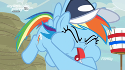 Size: 1600x900 | Tagged: safe, screencap, character:rainbow dash, species:pegasus, species:pony, episode:common ground, g4, my little pony: friendship is magic, animation error, baseball cap, blowing, blowing whistle, cap, cartoonishly oversized cheeks, clothing, coach, coach rainbow dash, cute, dashabetes, discovery family logo, eyes closed, female, hat, mare, puffy cheeks, rainblow dash, rainbow dashs coaching whistle, solo, whistle, whistle necklace