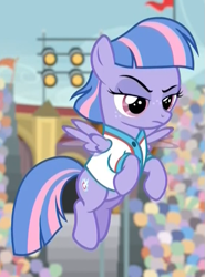 Size: 555x751 | Tagged: safe, screencap, character:wind sprint, species:pegasus, species:pony, episode:common ground, g4, my little pony: friendship is magic, angry, clothing, cropped, female, filly, flying, foal, frown, jersey, lidded eyes, solo, unimpressed, wind sprint is not amused