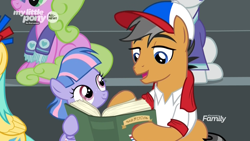 Size: 1920x1080 | Tagged: safe, screencap, character:daisy, character:quibble pants, character:sunshower raindrops, character:wind sprint, species:earth pony, species:pegasus, species:pony, species:unicorn, episode:common ground, g4, my little pony: friendship is magic, baseball cap, bleachers, bonding, book, cap, clothing, discovery family logo, duo focus, female, filly, hat, male, reading, shirt, stallion