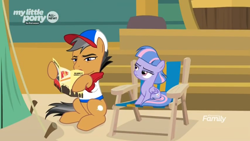 Size: 1366x768 | Tagged: safe, screencap, character:quibble pants, character:wind sprint, species:earth pony, species:pegasus, species:pony, episode:common ground, g4, my little pony: friendship is magic, brochure, camping, chair, discovery family logo, museum, squint, stairs, tent, unimpressed