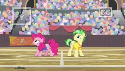 Size: 1280x720 | Tagged: safe, screencap, character:pinkie pie, species:earth pony, species:pony, episode:common ground, g4, my little pony: friendship is magic, buckball court, buckball uniform, duo focus, female, las pegasus resident, male, mare, saturn (character), stallion, tv rating, tv-y