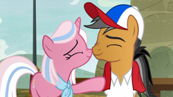 Size: 1920x1080 | Tagged: safe, screencap, character:clear sky, character:quibble pants, species:earth pony, species:pony, species:unicorn, episode:common ground, g4, my little pony: friendship is magic, baseball cap, boop, cap, clothing, cute, cute sky, eyes closed, female, hat, male, mare, neckerchief, nose wrinkle, noseboop, nuzzling, quibblesky, scarf, shipping, shirt, stallion, straight