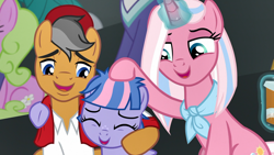 Size: 1920x1080 | Tagged: safe, screencap, character:clear sky, character:daisy, character:quibble pants, character:wind sprint, species:earth pony, species:pegasus, species:pony, species:unicorn, episode:common ground, g4, my little pony: friendship is magic, baseball cap, buddy, cap, clothing, cute, cute sky, dawwww, family, female, filly, foal, glowing horn, hat, head pat, horn, hug, magic, magic aura, male, mare, neckerchief, pat, quibblebetes, scarf, shirt, sprintabetes, stallion, telekinesis, trio, wholesome