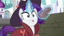 Size: 1920x1080 | Tagged: safe, screencap, character:rarity, species:pony, species:unicorn, episode:sparkle's seven, g4, my little pony: friendship is magic, brick, clothing, cute, detective rarity, faec, female, glowing horn, hat, horn, magic, mare, open mouth, raribetes, solo, telekinesis