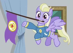 Size: 496x364 | Tagged: safe, screencap, character:sweet buzz, species:pegasus, species:pony, episode:friendship university, g4, my little pony: friendship is magic, background pony, clothing, cropped, female, flag, flying, las pegasus resident, mare, mouth hold, solo