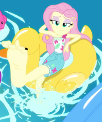 Size: 912x1084 | Tagged: safe, screencap, character:fluttershy, episode:i'm on a yacht, g4, my little pony:equestria girls, barefoot, bedroom eyes, big feet, cute, feet, female, flutterfeet, foot focus, inflatable toy, pool toy, shyabetes, soles, splash, toes, wiggling toes, wingding eyes