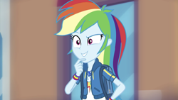 Size: 1334x750 | Tagged: safe, screencap, character:rainbow dash, episode:run to break free, g4, my little pony:equestria girls, cute, dashabetes, geode of super speed, magical geodes, solo, thinking