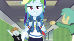 Size: 1334x750 | Tagged: safe, screencap, character:rainbow dash, character:snails, character:snips, character:trixie, episode:run to break free, g4, my little pony:equestria girls, adorasexy, beautiful, bedroom eyes, cute, dashabetes, geode of super speed, lidded eyes, looking at you, magical geodes, sexy, slow motion