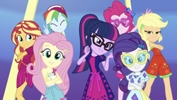 Size: 1334x750 | Tagged: safe, screencap, character:applejack, character:fluttershy, character:pinkie pie, character:rainbow dash, character:rarity, character:sunset shimmer, character:twilight sparkle, character:twilight sparkle (scitwi), species:eqg human, episode:i'm on a yacht, g4, my little pony:equestria girls, humane five, humane seven, humane six, sleeveless