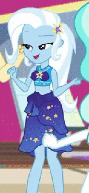 Size: 294x636 | Tagged: safe, screencap, character:paisley, character:trixie, episode:i'm on a yacht, g4, my little pony:equestria girls, animated, bikini, bikini babe, clothing, cropped, cute, dancing, diatrixes, female, gif, legs, male, midriff, offscreen character, sarong, solo focus, swimsuit, valhallen