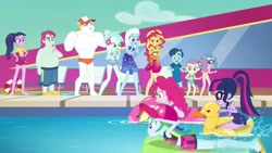 Size: 1366x768 | Tagged: safe, screencap, character:bulk biceps, character:lyra heartstrings, character:pinkie pie, character:rainbow dash, character:sunset shimmer, character:trixie, character:twilight sparkle, character:twilight sparkle (scitwi), species:eqg human, episode:i'm on a yacht, g4, my little pony:equestria girls, background human, baewatch, clothing, floaty, henry handle, inflatable, inflatable toy, lily pad (equestria girls), manestrum, midriff, pool toy, racing, raft, riding, swimming pool, swimsuit, technicolor waves