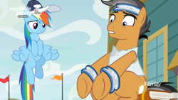 Size: 1366x768 | Tagged: safe, screencap, character:quibble pants, character:rainbow dash, species:earth pony, species:pegasus, species:pony, episode:common ground, g4, my little pony: friendship is magic, armband, book, cap, clothing, flag, hat, headband, sitting