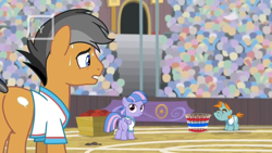 Size: 1366x768 | Tagged: safe, screencap, character:quibble pants, character:snips, character:wind sprint, species:earth pony, species:pegasus, species:pony, species:unicorn, episode:common ground, g4, my little pony: friendship is magic, audience, ball, basket, colt, crowd, field, male, nervous, plot, stadium, sweat, tv rating, tv-y