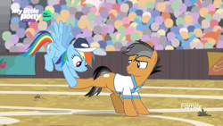 Size: 1366x768 | Tagged: safe, screencap, character:quibble pants, character:rainbow dash, species:earth pony, species:pegasus, species:pony, episode:common ground, g4, my little pony: friendship is magic, audience, cap, clothing, crowd, discovery family logo, field, hat, rainbow, shirt, sports outfit, stadium, stretching