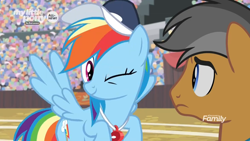 Size: 1366x768 | Tagged: safe, screencap, character:quibble pants, character:rainbow dash, species:earth pony, species:pegasus, species:pony, episode:common ground, g4, my little pony: friendship is magic, audience, crowd, discovery family logo, field, one eye closed, stadium, wink