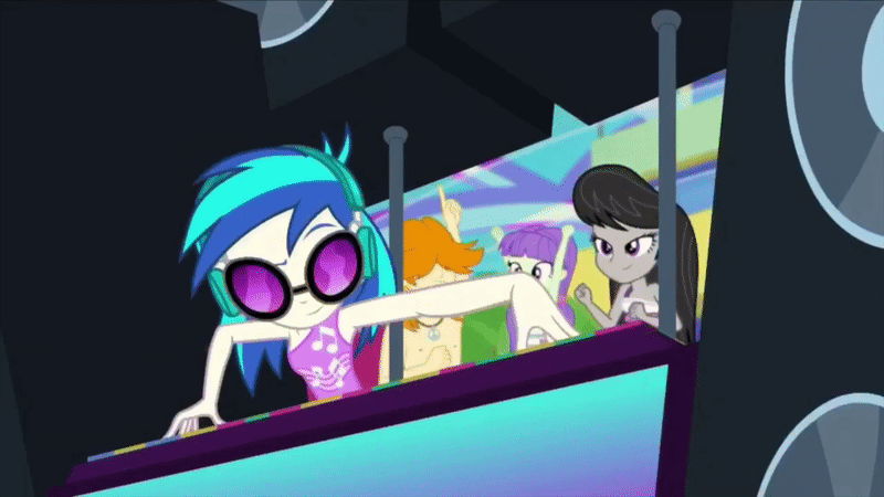 Size: 800x450 | Tagged: safe, screencap, character:dj pon-3, character:octavia melody, character:starlight, character:vinyl scratch, episode:i'm on a yacht, g4, my little pony:equestria girls, animated, background human, clothing, dancing, one-piece swimsuit, smiling, speakers, starlight, sunglasses, swimsuit, valhallen