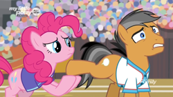 Size: 1366x768 | Tagged: safe, screencap, character:pinkie pie, character:quibble pants, species:earth pony, species:pony, episode:common ground, g4, my little pony: friendship is magic, audience, clothing, crowd, discovery family logo, shirt, stadium
