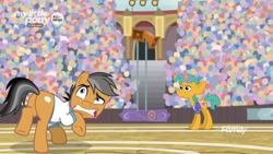 Size: 1366x768 | Tagged: safe, screencap, character:quibble pants, character:snails, species:earth pony, species:pony, episode:common ground, g4, my little pony: friendship is magic, audience, basket, crowd, loudspeaker, plot, stadium