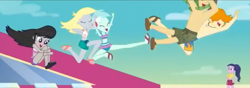 Size: 1085x382 | Tagged: safe, screencap, character:derpy hooves, character:lyra heartstrings, character:octavia melody, character:sandalwood, episode:i'm on a yacht, g4, my little pony:equestria girls, baewatch, clothing, cropped, feet, legs, midriff, partial nudity, sandals, shorts, smiling, swimming trunks, swimsuit, topless, valhallen