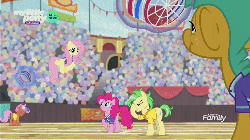 Size: 854x480 | Tagged: safe, screencap, character:fluttershy, character:pinkie pie, character:snails, species:pony, episode:common ground, g4, my little pony: friendship is magic, animated, buckball, buckball uniform, newsreel, split screen, theater