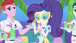 Size: 1366x768 | Tagged: safe, screencap, character:rarity, episode:i'm on a yacht, g4, my little pony:equestria girls, clothing, dress, geode of shielding, glasses, juice, lemonade, magical geodes, pink lemonade, straw, waiter