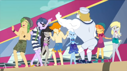 Size: 1366x768 | Tagged: safe, screencap, character:bulk biceps, character:derpy hooves, character:microchips, character:octavia melody, character:sandalwood, character:trixie, episode:i'm on a yacht, g4, my little pony:equestria girls, background human, bare chest, clothing, dancing, fainting couch, feet, female, glasses, legs, lounge chair, male, male feet, orange sunrise, partial nudity, sailor hat, sandals, sarong, shorts, swimming trunks, swimsuit, topless, valhallen