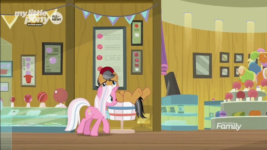 Size: 854x480 | Tagged: safe, screencap, character:clear sky, character:quibble pants, species:earth pony, species:pony, species:unicorn, episode:common ground, g4, my little pony: friendship is magic, animated, basket, buckball museum, buckbasket, bushel basket, duo, embarrassed, female, girlfriend, male, mare, plot, stallion, stuck