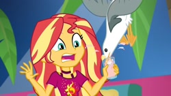 Size: 1920x1080 | Tagged: safe, screencap, character:sunset shimmer, species:seagull, episode:i'm on a yacht, g4, my little pony:equestria girls, clothing, cruise, drink, juice, lemonade
