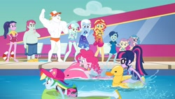 Size: 1920x1080 | Tagged: safe, screencap, character:bulk biceps, character:lyra heartstrings, character:pinkie pie, character:rainbow dash, character:sunset shimmer, character:trixie, character:twilight sparkle, character:twilight sparkle (scitwi), species:eqg human, episode:i'm on a yacht, g4, my little pony:equestria girls, background human, baewatch, clothing, cruise, feet, female, floaty, geode of empathy, geode of telekinesis, henry handle, inflatable, inflatable toy, legs, lily pad (equestria girls), magical geodes, male, male feet, manestrum, partial nudity, pool toy, racing, raft, riding, sky, sleeveless, swimming pool, swimsuit, technicolor waves, topless