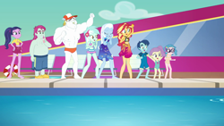 Size: 1920x1080 | Tagged: safe, screencap, character:bulk biceps, character:lyra heartstrings, character:pinkie pie, character:rainbow dash, character:sunset shimmer, character:trixie, character:twilight sparkle, character:twilight sparkle (scitwi), species:eqg human, episode:i'm on a yacht, g4, my little pony:equestria girls, background human, baewatch, barefoot, belly button, bikini, clothing, cruise, feet, female, floaty, geode of empathy, geode of telekinesis, henry handle, inflatable, inflatable toy, legs, lily pad (equestria girls), magical geodes, male, manestrum, midriff, one-piece swimsuit, partial nudity, pool toy, racing, raft, riding, sarong, short shirt, skirt, sky, swimming pool, swimsuit, technicolor waves, topless