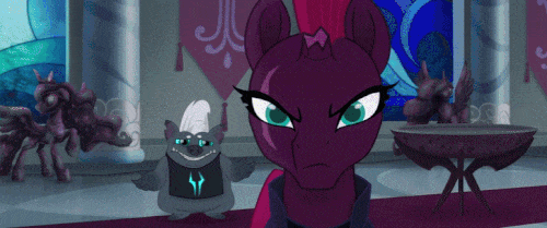 Size: 500x209 | Tagged: safe, screencap, character:grubber, character:tempest shadow, my little pony: the movie (2017), angry, animated, broken horn, eye scar, hedgehog, horn, scar, sparking horn