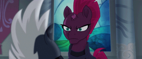 Size: 500x209 | Tagged: safe, screencap, character:grubber, character:tempest shadow, species:pony, species:unicorn, my little pony: the movie (2017), angry, animated, broken horn, calm, duo, eye scar, female, hedgehog, horn, lackey, male, mare, mohawk, mood swing, ordering, panting, running, shrunken pupils, stained glass, tempest shadow is not amused, unamused, yelling